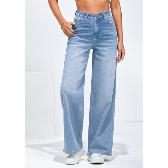 Wide Leg Jeans Women High Waisted Stretch Denim Baggy Pants with Pockets - Picture 2 of 5